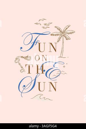 Poster d'été lettrage amusant sur le soleil avec mouettes clé de palmier et vagues dessinant sur fond beige Illustration de Vecteur