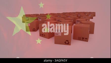 Image d'un drapeau chinois ondulant sur des boîtes en carton en arrière-plan Banque D'Images