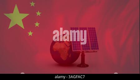 Image du drapeau chinois agitant sur les panneaux solaires et le globe Banque D'Images