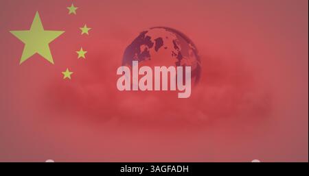Image du drapeau chinois agitant au-dessus du globe dans les nuages Banque D'Images