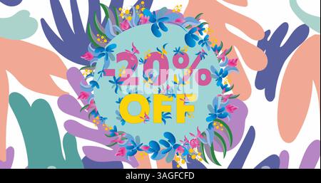 Image de 20 pour cent de texte sur le cercle bleu avec motif floral sur fond blanc Banque D'Images