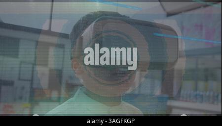 Image de balayage de la oscilloscope avec glitch et garçon utilisant un casque vr Banque D'Images