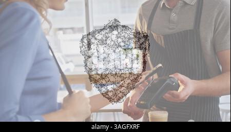 Image d'un réseau de connexions avec bouclier de sécurité sur les personnes utilisant un terminal de paiement Banque D'Images