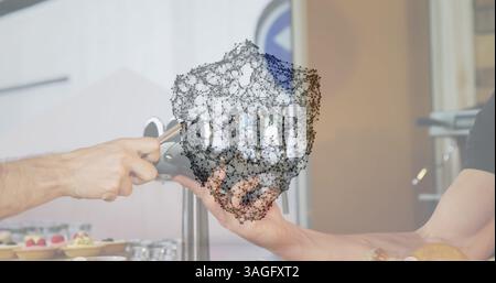 Image d'un réseau de connexions avec bouclier de sécurité sur les personnes utilisant un terminal de paiement Banque D'Images