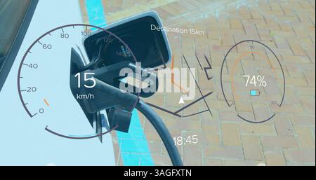 Illustration de l'interface avec l'icône de charge de la batterie et le compteur de vitesse au-dessus du véhicule Banque D'Images