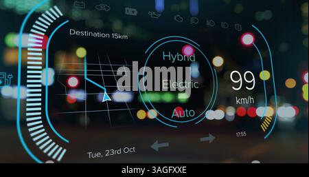 Illustration de l'interface avec l'icône de charge de la batterie et le compteur de vitesse sur route Banque D'Images