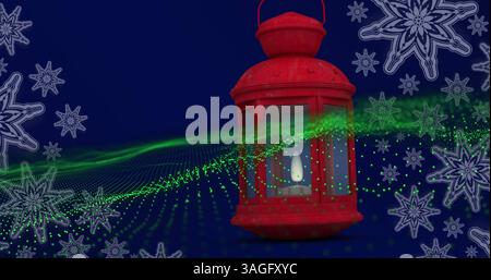 Onde numérique verte et icônes multiples d'étoiles sur la lampe de noël rouge suspendue sur fond bleu Banque D'Images