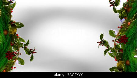 Image de branches de sapins et de décorations sur fond blanc Banque D'Images