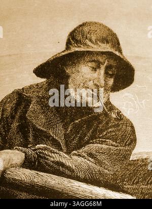 Illustration du XIXe siècle montrant un pêcheur britannique de bord de mer généralement vêtu d'un chapeau de sou'wester et fumant une pipe en argile Banque D'Images