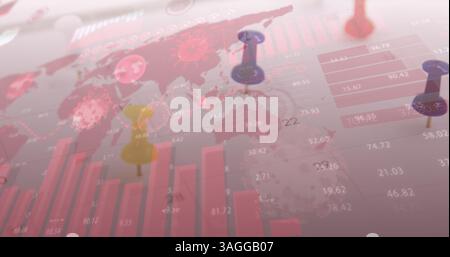 Image des cellules COVID 19 et des statistiques montrant des cas avec des épingles et une carte du monde Banque D'Images