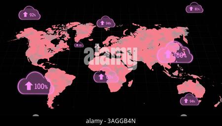 Plusieurs icônes de nuage avec un pourcentage croissant contre la carte du monde sur fond noir Banque D'Images