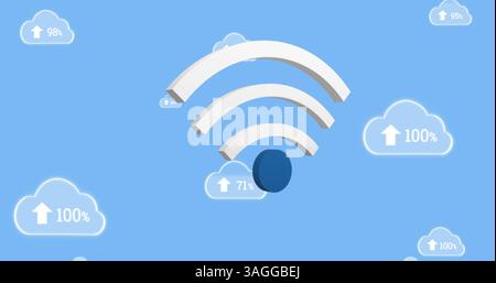 Image de l'icône wifi et des nuages numériques avec un pourcentage croissant sur fond bleu Banque D'Images