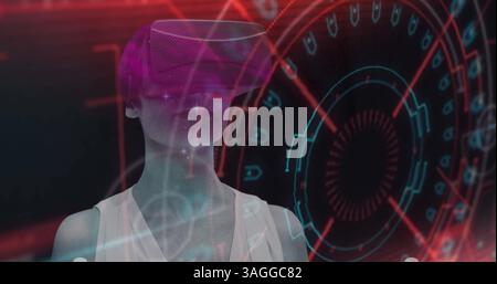 Image de balayage de la portée avec pépin et femme utilisant un casque vr Banque D'Images