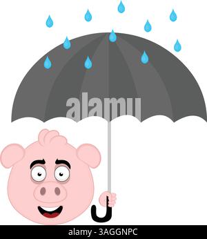 illustration vectorielle emoji personnage face pig dessin animé, un jour de pluie avec un parapluie et des gouttes de pluie tombant Illustration de Vecteur