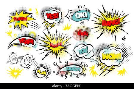 Ensemble de couleurs comiques bulles de parole autocollants avec texte. dessin à la main. Pas ai, illustration vectorielle. Illustration de Vecteur