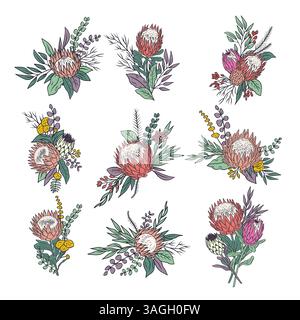 Bouquets de fleurs et de feuilles tropicales art Black Line Illustration de Vecteur