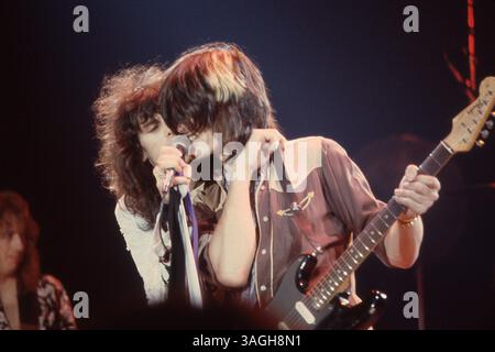 Steven Tyler et Joe Perry d'Aerosmith, Civic Center, Providence, Rhode Island, États-Unis, 16 novembre 1978. Banque D'Images