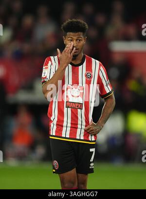Rhian Brewster de Sheffield United lors du Sky Bet Championship match à Bramall Lane, Sheffield. Date de la photo : mardi 8 avril 2025. Banque D'Images