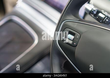 gros plan capturant les commandes avancées au volant dans un habitacle de voiture électrique élégant, mettant l'accent sur le design moderne et la technologie conviviale. Banque D'Images