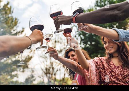 Grand groupe diversifié d'amis acclamant avec du vin lors d'un barbecue, dégustant des grillades et des vibrations estivales festives en plein air. Banque D'Images