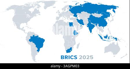 etats membres des BRICS 2025, carte politique. Organisation compromettant 10 pays au 6 janvier 2025. Banque D'Images