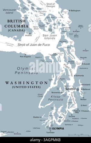 Région de Puget Sound, état américain de Washington, carte politique grise. Zone côtière de ​​Pacific Nord-Ouest, y compris Puget Sound, ses bassins et ses basses terres. Banque D'Images