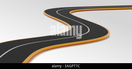 Chemin routier courbe en 3D avec surface d'asphalte noir, marquages jaunes en bord de route et bande de séparation blanche sur fond clair. Des éléments de conception minimalistes pour les transports propres pour les projets infographiques. Illustration de Vecteur