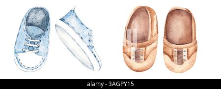 Baby Boy Shoes Set. Brown leather moccasins and blue Sneakers. Hand drawn watercolor illustration of Kids Boots isolated on a white background. Cute Banque D'Images