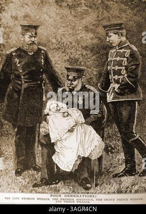 Gravure de 1888 montrant 4 générations de la famille royale allemande. Tiré d'une photographie de 1882 - feu empereur William, empereur Frédéric, prince héritier William, et nouveau-né William, --Ein Stich von 1888, der 4 Generationen der deutschen königlichen Familie zeigt, nach einer Fotografie von 1882 - der verstorbene Kaiser Wilhelm, Kaiser Friedrich, Kronprinz Wilhelm und das neugeborene Baby Wilhelm, -- Banque D'Images