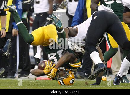 30 septembre 2012 - Green Bay, WI, États-Unis - Randall Cobb, Packers de Green Bay, est sorti après une réception au troisième trimestre le dimanche 30 septembre 2012 au lambeau Field à Green Bay, Wisconsin. Packers a gagné, 28-27. (Crédit image : © Mark Hoffman/MCT/ZUMAPRESS.com) Banque D'Images