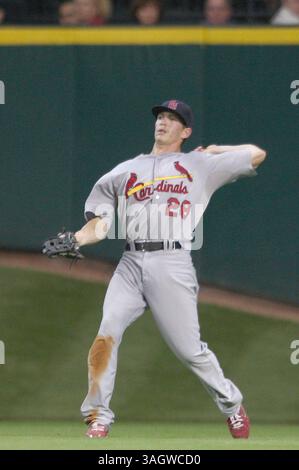 22 juillet 2009 : le Fielder du centre Louis Cardinals Colby Rasmus lance la balle de fond en fond dans le champ central. Les Astros de Houston ont battu les Louis Cardinals 4-3 au minute Maid Park à Houston, Texas. Margaret Bowles/CSM (image crédit : © Margaret Bowles/Cal Sport Media/ZUMA Press) Banque D'Images