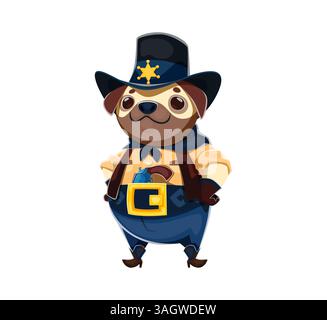 Personnage de shérif animal sauvage de chien de caricature de carillon habillé dans un chapeau de cow-boy de dix gallons avec un badge d'étoile, bandana, gilet, et une ceinture avec un étui. Personnage canin occidental vecteur avec les mains sur les hanches Illustration de Vecteur