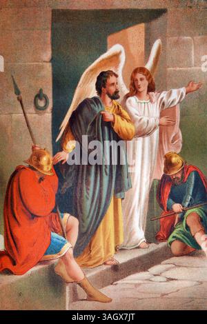 Illustration de Pierre livré hors de prison libéré par un Ange (actes) de la Bible de la famille auto-interprétative de Brown antique du 19ème siècle contenant le Banque D'Images