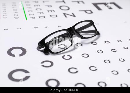Paire de lunettes sur la carte de test de vision Banque D'Images