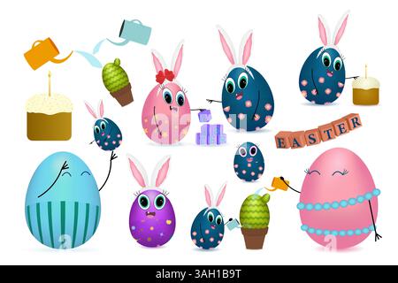 Ensemble clip art 3D de personnages d'œufs de Pâques d'adultes et d'enfants avec des oreilles de lapin, montrant diverses activités - arroser un cactus avec maman. Illustration de Vecteur