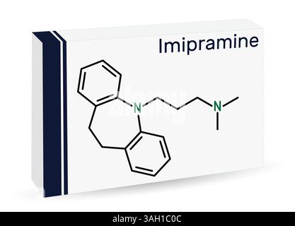 Molécule d'imipramine. Antidépresseur tricyclique, TCA pour traiter la dépression. Formule chimique squelettique. Emballage en papier pour médicaments. Illustration vectorielle Illustration de Vecteur