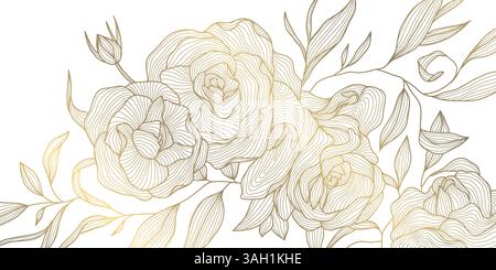 Illustration de fleurs de ligne d'or de vecteur. Nature Blossom graphique oriental, décoration romantique fond floral, roses ornées art déco, pivoines. Illustration de Vecteur