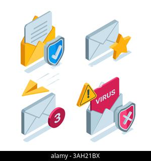 ensemble isométrique d'enveloppes de courrier avec des icônes en couleur sur un fond blanc, un message de courrier ou une lettre vérifiée et virale Illustration de Vecteur