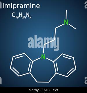 Molécule d'imipramine. Antidépresseur tricyclique, TCA pour traiter la dépression. Formule chimique structurale, fond bleu foncé Illustration de Vecteur