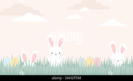 Lapins de Pâques mignons se cachant dans l'herbe à côté d'œufs de Pâques colorés. Illustration vectorielle plate Illustration de Vecteur