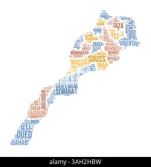 Nuage de mots Maroc. Forme du pays avec division de région. Image de style typographie Maroc. Nuages de balises de noms de région. Illustration vectorielle. Illustration de Vecteur