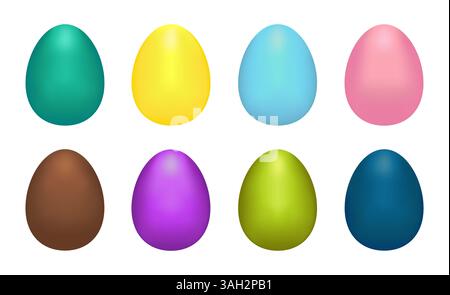 Ensemble clip art 3D d'oeufs de Pâques peints dans des couleurs pastel - turquoise, jaune, bleu, rose, brun chocolat, violet, vert et cyan. Collection sur blanc Illustration de Vecteur