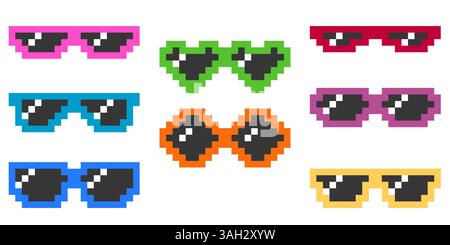 Collection lumineuse de lunettes de soleil stylisées 8 bits pixel. Illustration de Vecteur
