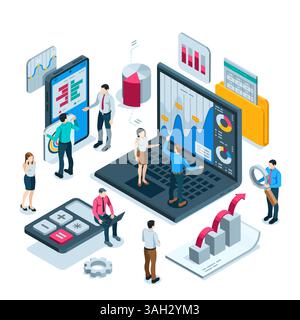 les gens d'affaires isométriques travaillant avec des données financières statistiques près de l'ordinateur portable et de l'écran de smartphone en couleur sur fond blanc, analyse d'affaires a Illustration de Vecteur