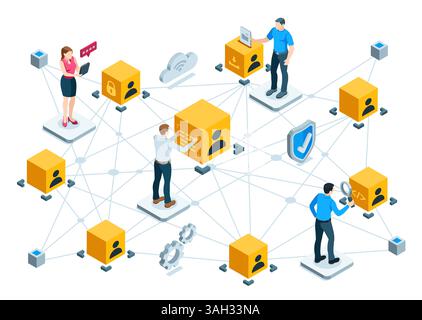 les personnes isométriques travaillent dans un espace virtuel avec des données et des connexions utilisateur, en couleur sur fond blanc, réseau utilisateur virtuel Illustration de Vecteur
