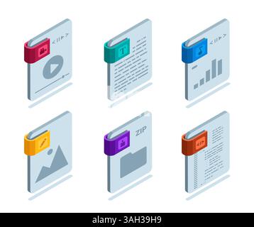 ensemble isométrique d'icônes de fichiers de différents formats en couleur sur fond blanc, images et vidéo, audio et texte, code et archive Illustration de Vecteur