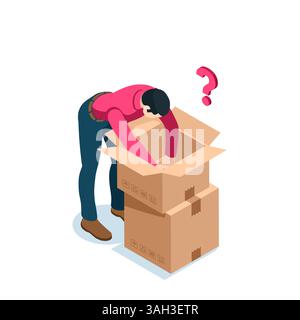 homme isométrique foudroyant à travers une boîte, en couleur sur un fond blanc, emballage vide ou mauvais ordre Illustration de Vecteur