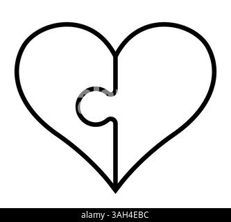 symbole de coeur composé de deux pièces de puzzle, illustration vectorielle noir et blanc de deux moitiés d'une forme de coeur isolé sur blanc Illustration de Vecteur
