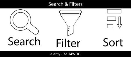 Filtre de recherche Tri icônes définies pour UI UX interface Design Mobile et applications Web. Illustration de Vecteur