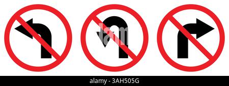 Pas de symbole de panneau de gauche à droite et de demi-tour, panneau d'interdiction de circulation, symbole de cercle rouge barré avec flèche Illustration de Vecteur